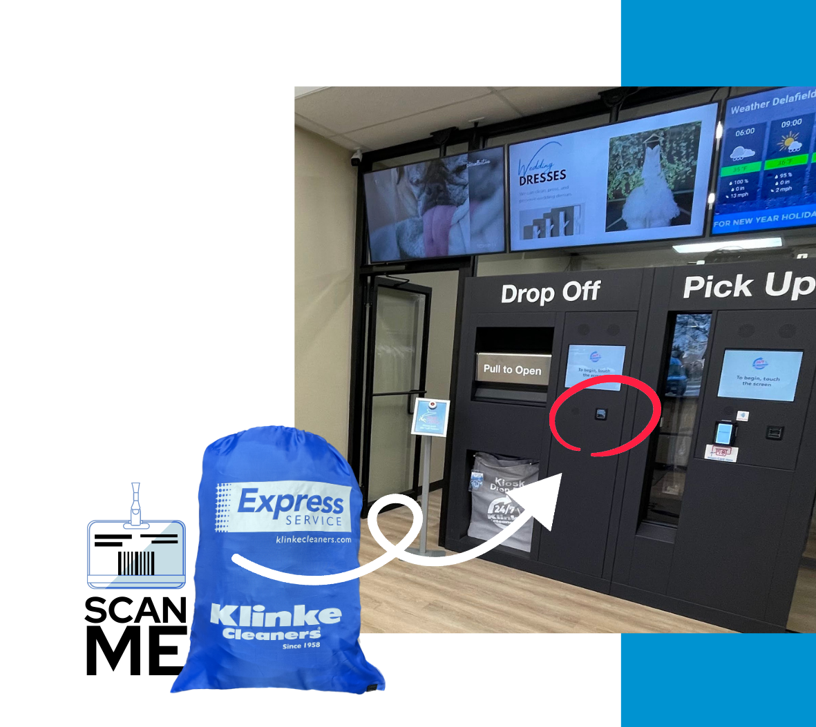 Graphic of express bag next to 24/7 kiosk